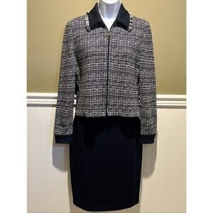 Vtg St John 2pc Skirt Suit Navy Blue Santana Knit Zip Front Jacket Size 2 Fringe